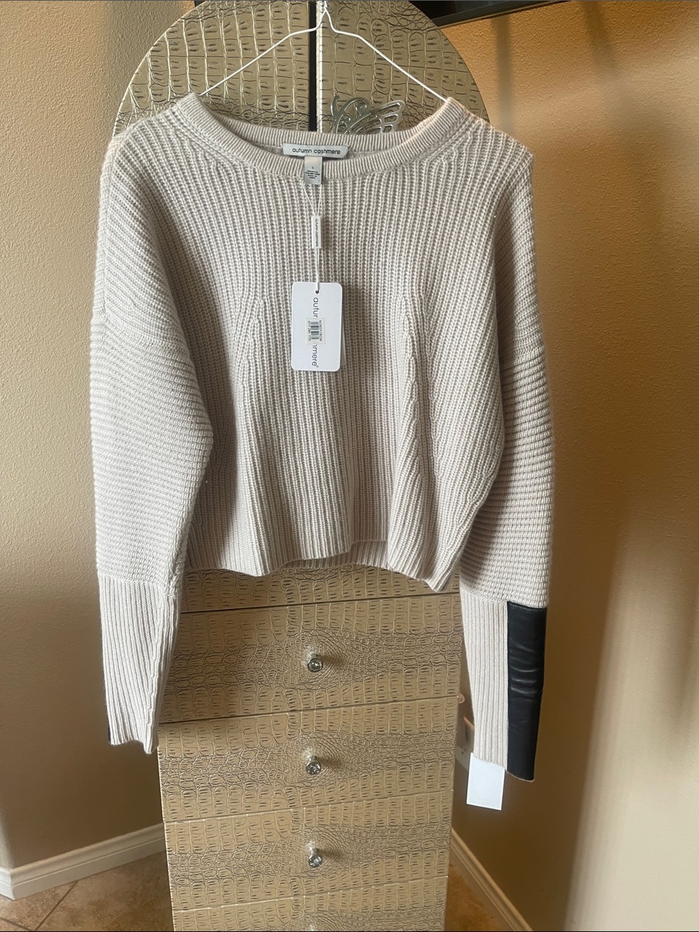 Club Monaco Cream Ribbed Cashmere Sweater with Black Elbow Leather Patch